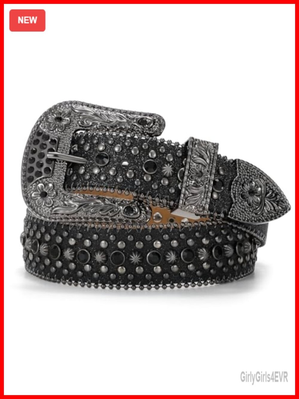 Rhinestone Embellished Leather Belt with Detachable Buckle